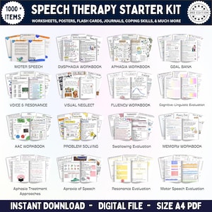 Può includere: Un kit digitale di avvio per la logopedia contenente oltre 1000 elementi, tra cui schede, poster, flashcard e diari. La raccolta include vari quaderni di esercizi per linguaggio, disfagia, afasia, fluidità, AAC e valutazioni in formato A4 PDF.