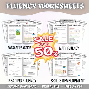Könnte beinhalten: Eine Sammlung von druckbaren Arbeitsblättern zur Förderung der Sprachflüssigkeit für die Sprachtherapie, mit Titeln wie "Passage Practice", "Math Fluency" und "Reading Fluency". Das Bild enthält eine Grafik "Sale up to 50%" und den Text "Instant Download - Digital File - Size A4 PDF".