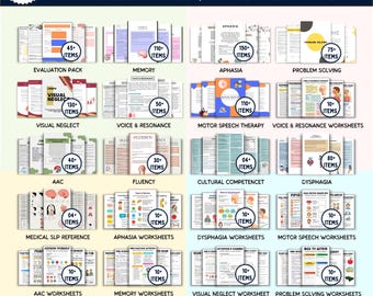 Peut inclure: Un kit de démarrage de thérapie orthophonique numérique avec plus de 1000 pages, comprenant des feuilles de travail et des packs pour divers sujets tels que l'Aphasie, la Fluidité et la CAA. Fichier PDF imprimable A4.