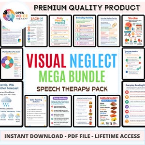 Pode incluir: Uma coleção de recursos digitais de terapia da fala, incluindo exercícios de leitura e negligência visual. O pacote apresenta folhas de trabalho e guias coloridos, com o texto "VISUAL NEGLECT MEGA BUNDLE SPEECH THERAPY PACK".