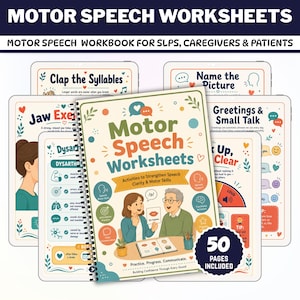 May include: A spiral-bound workbook titled Motor Speech Worksheets with a cover illustration of two people at a table. The workbook includes 50 pages of activities to strengthen speech clarity and motor skills, surrounded by several sample pages.