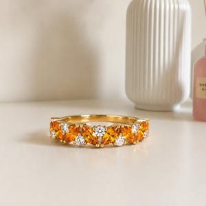 Citrine & Moissanite Wedding Band Ring, Alternate Half Eternity Engagement Band Ring, Stackable Anniversary Ring, Gift For Women
