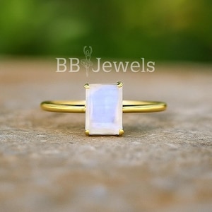 Emerald Cut Moonstone Ring: 18k Gold Vermeil, Sterling Silver Band