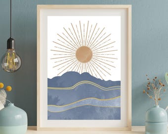 Abstract Blue Mountains Wall Art | Golden Sun Print | Boho Landscape Decor | Minimalist Watercolor Poster | Modern Digital Download