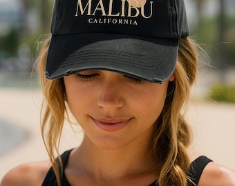 Malibu California Distressed Dad Hat – Vintage-Inspired Summer Trucker Hat, Cool Beach Hat, California Palm Tree Aesthetic Cap