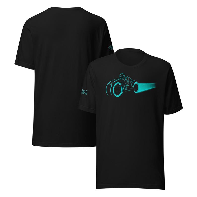 May include: Black t-shirt featuring a neon blue graphic of a futuristic motorcycle and rider. The design includes a glowing trail effect. The word "TRON" is visible on the back and sleeve of the shirt.