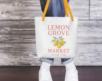 Lemon Grove Market Tote – Mediterranean Summer Canvas Bag | Amalfi Coast Inspired | Yellow Handle Beach Tote | Farmer’s Market Bag