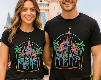 Disney Neon Summer Castle Unisex T-Shirt - Disney inspiriertes Glow Shirt | Retro Schloss T-Shirt | Zauberhaftes Urlaubs Outfit