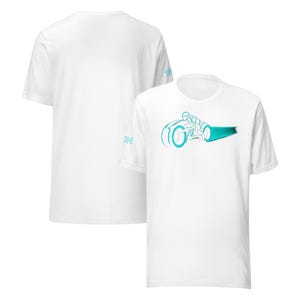 May include: White t-shirt featuring a teal graphic of a futuristic motorcycle with a rider. The design includes a light trail effect. The back of the shirt has a small teal logo. The shirt is made of a soft material.