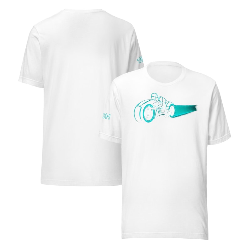 May include: White t-shirt featuring a teal graphic of a futuristic motorcycle with a rider. The design includes a light trail effect. The back of the shirt has a small teal logo. The shirt is made of a soft material.