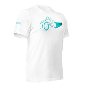 May include: White t-shirt featuring a teal graphic of a futuristic motorcycle with a rider. The word "TRON" is printed in teal on the left sleeve. The design is a stylized outline, giving a sleek, modern look. The shirt is made of a soft, comfortable material.