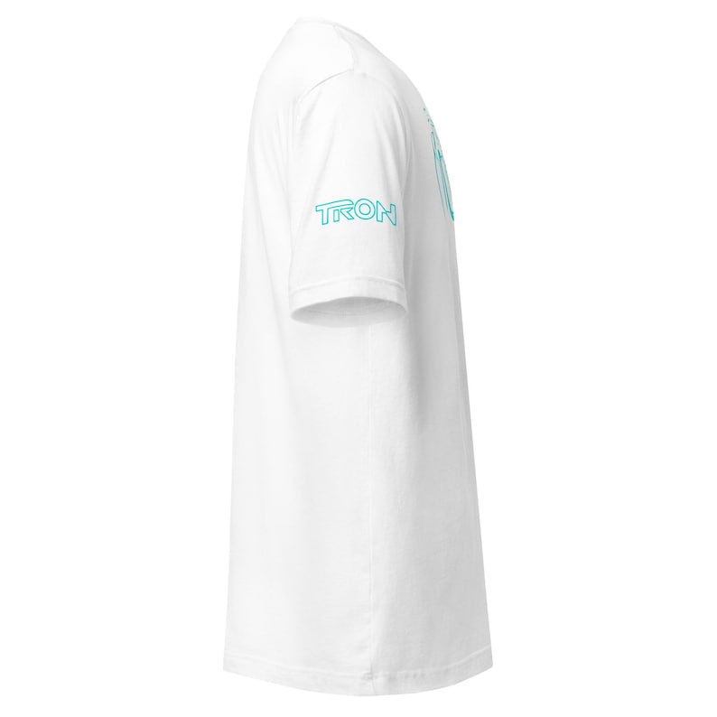 May include: A white t-shirt with the word "TRON" printed in a light blue color on the left sleeve. The shirt has a crew neck and short sleeves. The overall design is simple and clean.