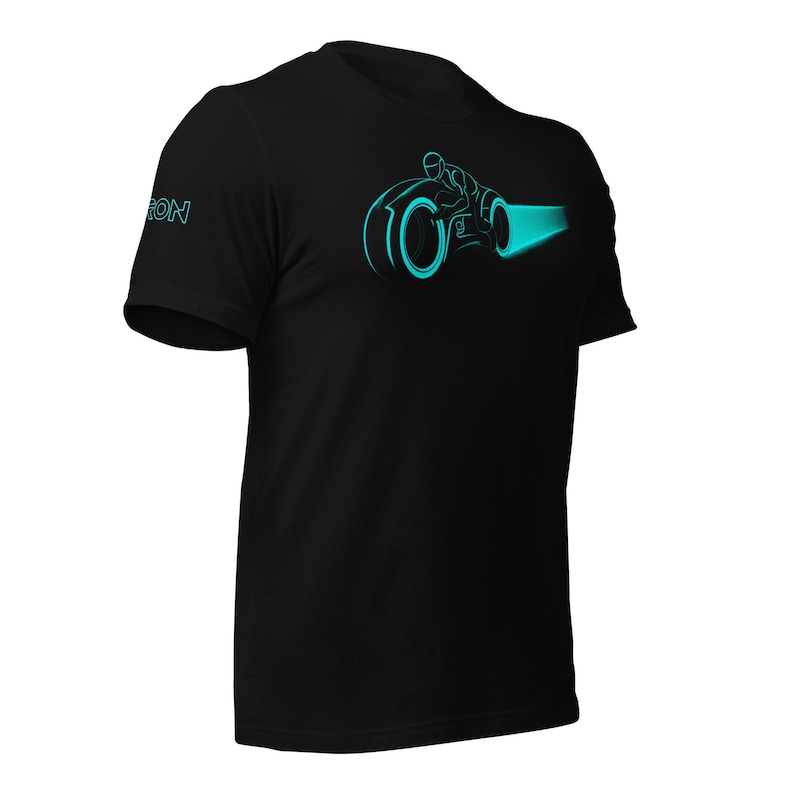 May include: Black t-shirt featuring a neon blue graphic of a futuristic motorcycle with a rider. The design includes a glowing light trail. The word "ON" is printed on the left sleeve.