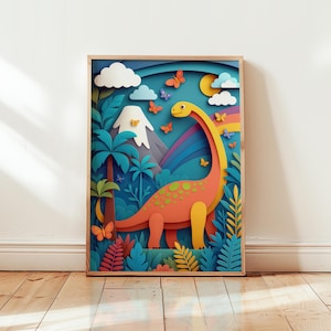 Jurassic Brontosaurus Dinosaur Poster – Colourful Kids Room Wall Art – Bold Nursery Print – Prehistoric Playroom Decor – Unframed