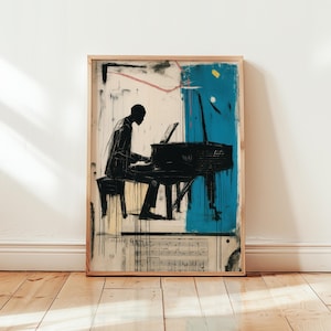 Jazz Pianist Poster – Abstract Musician Wall Art – Modern Piano Player Print – Blue Music Sheet Art – Unframed