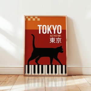 Poster Tokyo Jazz Fest 1981 - Reproduction d'art chat japonais rétro - oeuvre d'art murale musique vintage - Sans cadre