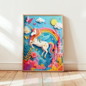 Pink Unicorn Rainbow Poster – Magical Girl’s Room Wall Art – Paper Cut Unicorn Print – Whimsical Nursery Decor – Unframed