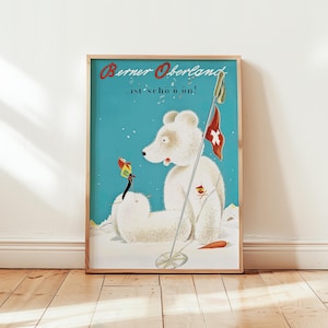 Berner Oberland Poster – Vintage Swiss Ski Bear Print – Retro Winter Travel Art – Switzerland Alps Wall Decor – Unframed