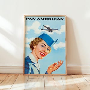 Pôster vintage da Pan Am – Arte retrô de aeromoça – Impressão de viagem de meados do século