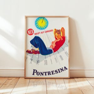Pontresina Ski Poster – Vintage Swiss Alps Travel Print – “New! Ski Lift Alp Languard” – Retro Engadin Winter Sports Art – Unframed