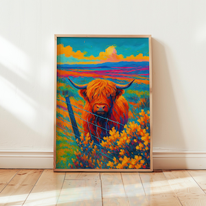 Highland Cow Wall Art – Vibrant Scottish Highland Cattle Print – Colorful Animal Decor – Unframed Farmhouse Poster
