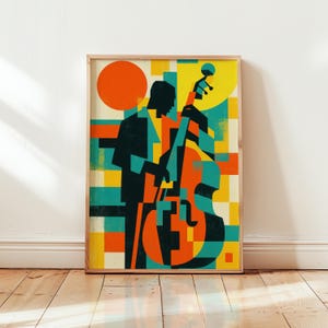 Pôster abstrato de música jazz – Arte de parede moderna de meados do século – Impressão geométrica de contrabaixo – Decoração de músico retrô – Sem moldura