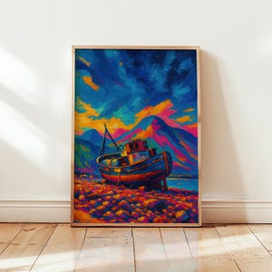 Poster del naufragio di Corpach – Ben Nevis Wall Art – Stampa di un vivace paesaggio scozzese – Vecchia barca di Caol – Decorazione costiera senza cornice