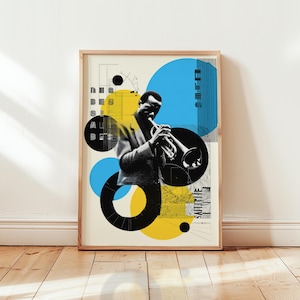 Miles Davis Jazz Poster – Bauhaus Style Modern Wall Art – Abstract Musician Print – Blue Yellow Black Decor – Unframed Art for Jazz Lovers