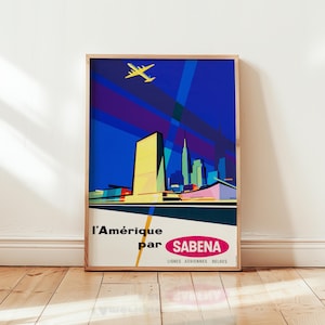 Póster de viaje a Estados Unidos – Arte mural vintage de Sabena Airlines – Impresión de paisaje urbano moderno de mediados de siglo – Póster retro de aerolínea – Sin marco