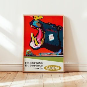 Póster de Sabena Cargo: Impresión publicitaria de exportación de arte pop vintage. Póster de Belgian Airlines de mediados de siglo. Sin marco.