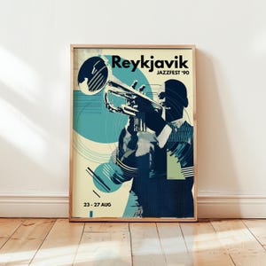 Poster del Reykjavik Jazzfest '90 - Arte murale del festival musicale retrò, decorazione jazz nordica, stampa del concerto islandese