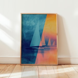 Abstract Sailing Boats Poster – Modern Nautical Wall Art – Ocean Sunset Print – Minimalist Boat Artwork – Coastal Decor – Unframed