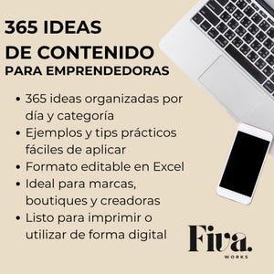 365 Ideas de Contenido para Emprendedoras | Planner Digital en Excel | Ideas para Redes Sociales | Producto Digital