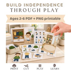 May include: A children's educational game set with the text "BUILD INDEPENDENCE THROUGH PLAY" and "Ages 2-6 PDF + PNG printable". The set includes a miniature wardrobe, clothing cards, and a child figure. The game promotes learning through play.