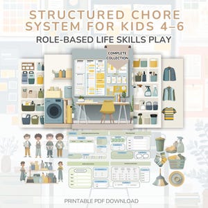 Könnte beinhalten: Eine digitale Illustration eines strukturierten Hausaufgaben-Systems für Kinder im Alter von 4-6 Jahren, mit einer kompletten Sammlung von rollenbasierten Lebenskompetenzspielen. Das Bild enthält Aufgabenlisten, Reinigungsmittel und eine Waschküchenszene. Der Text lautet "PRINTABLE PDF DOWNLOAD."