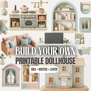 Könnte beinhalten: Eine Sammlung von Miniatur-Puppenhausmöbeln und -zubehör in Pastellfarben. Enthält eine Küchenzeile, ein Sofa, ein Bücherregal, einen Fernseher und ein Puppenhaus mit dem Text "BUILD YOUR OWN PRINTABLE DOLLHOUSE".