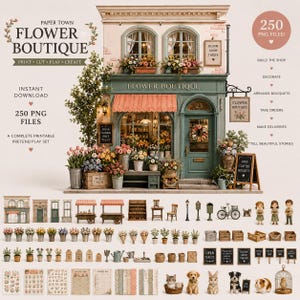 May include: A digital printable paper craft set titled Paper Town Flower Boutique, featuring a detailed miniature shop facade, various flower arrangements, miniature furniture, bicycles, animals, and signage, totalling 250 individual PNG files.