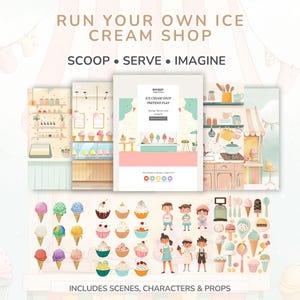 Puede incluir: Ilustración que promociona un juego de simulación de heladería. La imagen presenta el texto «RUN YOUR OWN ICE CREAM SHOP» y «SCOOP • SERVE • IMAGINE». Incluye escenas, personajes y accesorios, como conos de helado, copas y elementos de la tienda.
