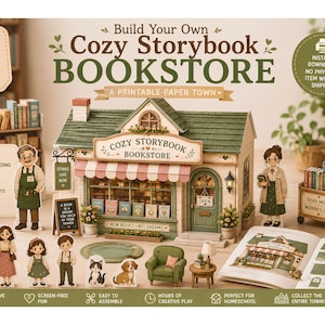 Może przedstawiać: Zestaw do wycinanek z papieru pod tytułem Build Your Own Cozy Storybook Bookstore. Zestaw zawiera miniaturowy budynek księgarni z zielonym dachem, papierowe figurki postaci, meble, wózek na książki oraz instrukcję z wydrukowanymi stronami.