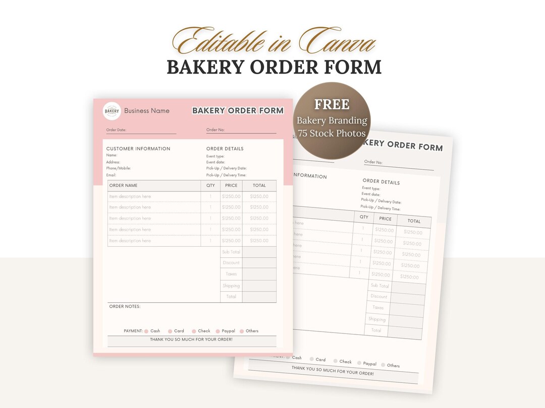 Bakery Order Form Template Canva Editable for Home Bakers and Cottage ...