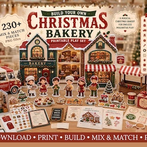May include: A printable Christmas bakery play set featuring 230+ mix and match pieces, including a bakery building, a delivery van, six characters, furniture, food items, baking accessories, recipe cards, and a market stall with red and white accents.