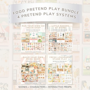 May include: A Food Pretend Play Bundle with four pretend play systems. The bundle includes printable sets for an ice cream shop, little bakers at work, a pizza shop, and a lemonade stand. Each set includes scenes, characters, and interactive props.