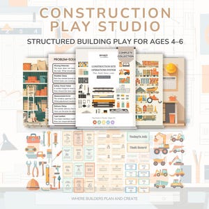 May include: Construction Play Studio set for ages 4-6, with illustrated cards and a complete collection of building-themed elements. The design includes a task board, construction site operations system, and problem-solving prompts.
