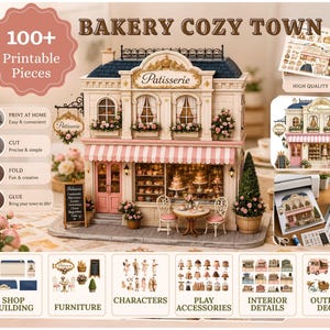 Może przedstawiać: Zestaw do wycinanek z papieru o nazwie BAKERY COZY TOWN zawierający ponad 100 elementów do złożenia miniaturowej cukierni. Zestaw obejmuje budynki, meble, postacie, akcesoria do zabawy oraz elementy dekoracji zewnętrznej.