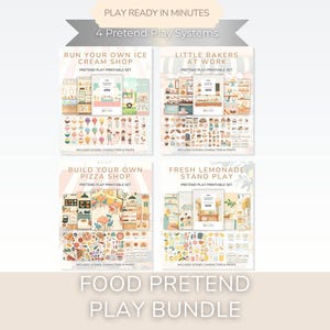 May include: A bundle of four pretend play systems: Run Your Own Ice Cream Shop, Little Bakers at Work, Build Your Own Pizza Shop, and Fresh Lemonade Stand Play. The text "PLAY READY IN MINUTES" and "FOOD PRETEND PLAY BUNDLE" are also visible.