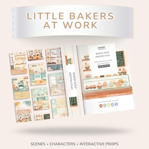May include: A children's pretend play set with the text "LITTLE BAKERS AT WORK". The set includes illustrated scenes, characters, and interactive props for a bakery shop. The cover features a bakery display with cupcakes.