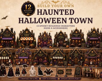 Printable Halloween Village Bundle | 12 Haunted Paper Buildings | Halloween Paper Craft Diorama | Miniature Village DIY | PDF PNG Download