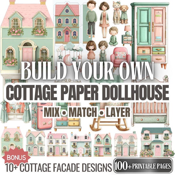 Printable Cottage Paper Dollhouse Template Bundle | DIY 2D Paper House Craft for Kids | Includes Interiors and 10 Bonus House Fronts