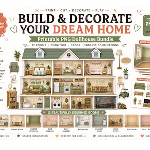 Può includere: Un set digitale intitolato BUILD & DECORATE YOUR DREAM HOME contenente oltre 300 file PDF e PNG stampabili per una casa delle bambole. Include 12 stanze, mobili e pezzi di arredamento da stampare, ritagliare e disporre per il gioco creativo.