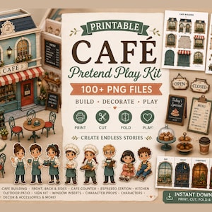 Puede incluir: Un kit de juego de café imprimible que incluye un edificio de café en miniatura, varios personajes recortables, muebles, tableros de menú e inserciones de ventana estacionales. El kit contiene más de 100 archivos PNG para jugar.
